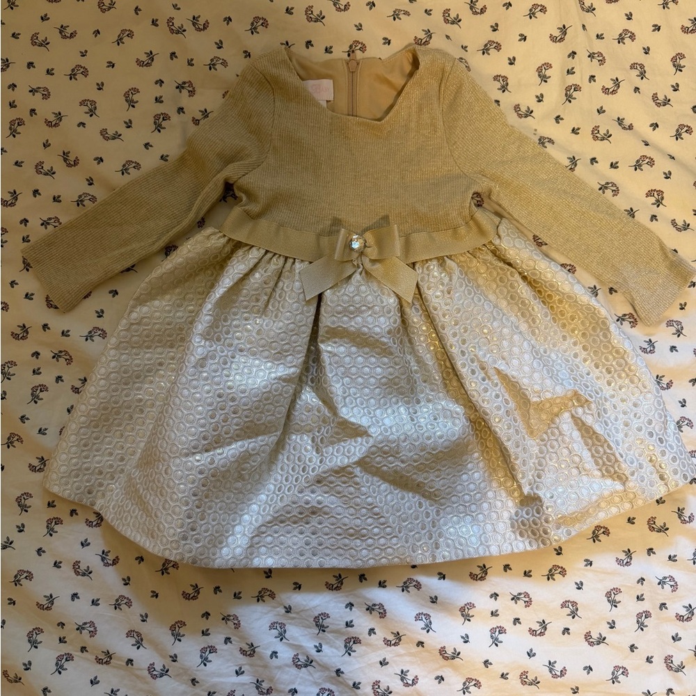 Gold Bow-Accent Long Sleeve Kids Dress